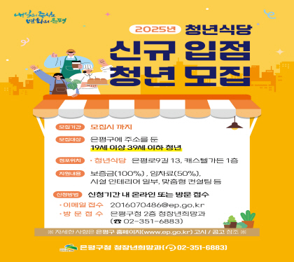 2025 청년식당 신규 입점 청년 모집
모집기간 : 사전신청 7.17.목~8.6.수
최종신청 8.8.금~8.13.수
모집대상 : 은평구에 주소를 둔, 19세 ~ 39세 청년
점포위치 : 은평로 9길 13, 캐스텔가든 1층
지원내용 : 보증금, 임차료50%, 인테리어 일부, 교육 등
신청방법 : 방문 접수 또는 이메일 접수
 - 방문처 : 은평구청 본관2층 청장년희망과 
 - 이메일 : 2016070486@ep.go.kr
접수 후 유선 확인 필수  ☎351-6883