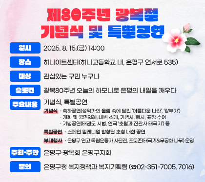 제80주년 광복절 기념식 및 특별공연
일시 : 2025. 8. 15.(금) 14:00
장소 : 하나아트센터(하나고등학교 내, 은평구 연서로 535)
대상 : 관심있는 구민 누구나
슬로건 : 광복80주년 오늘의 하모니로 은평의 내일을 깨우다
주요내용 : 기념식, 특별공연
기념식
· 축하공연(성악가의 울림 속에 담긴 ‘아름다운 나라’, ‘장부가’)
· 개회 및 국민의례, 내빈 소개, 기념사, 축사, 표창 수여
· 기념공연(태권도 시범, 연극 ‘초월과 진관사 태극기’) 등
특별공연
· 스페인 밀레니엄 합창단 초청 내한 공연
부대행사
· 은평구 연고 독립운동가 사진전, 포토존(태극기&무궁화 나무) 운영  
주최․주관 : 은평구․광복회 은평구지회
문의 : 은평구청 복지정책과 복지기획팀 (☎02-351-7005, 7016)